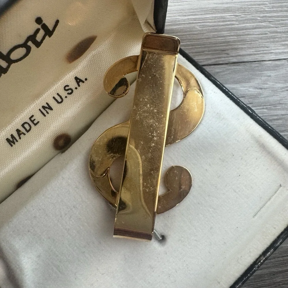 Vintage Colibri Dollar Sign Money Clip Gold Tone Made USA Original Box